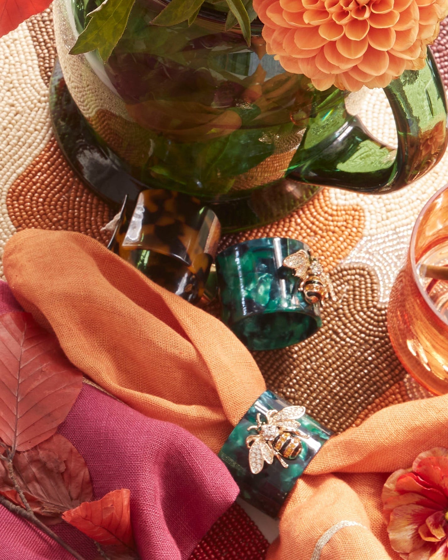 Stripey Bee Napkin Rings - Green Tortoiseshell, Set of 4