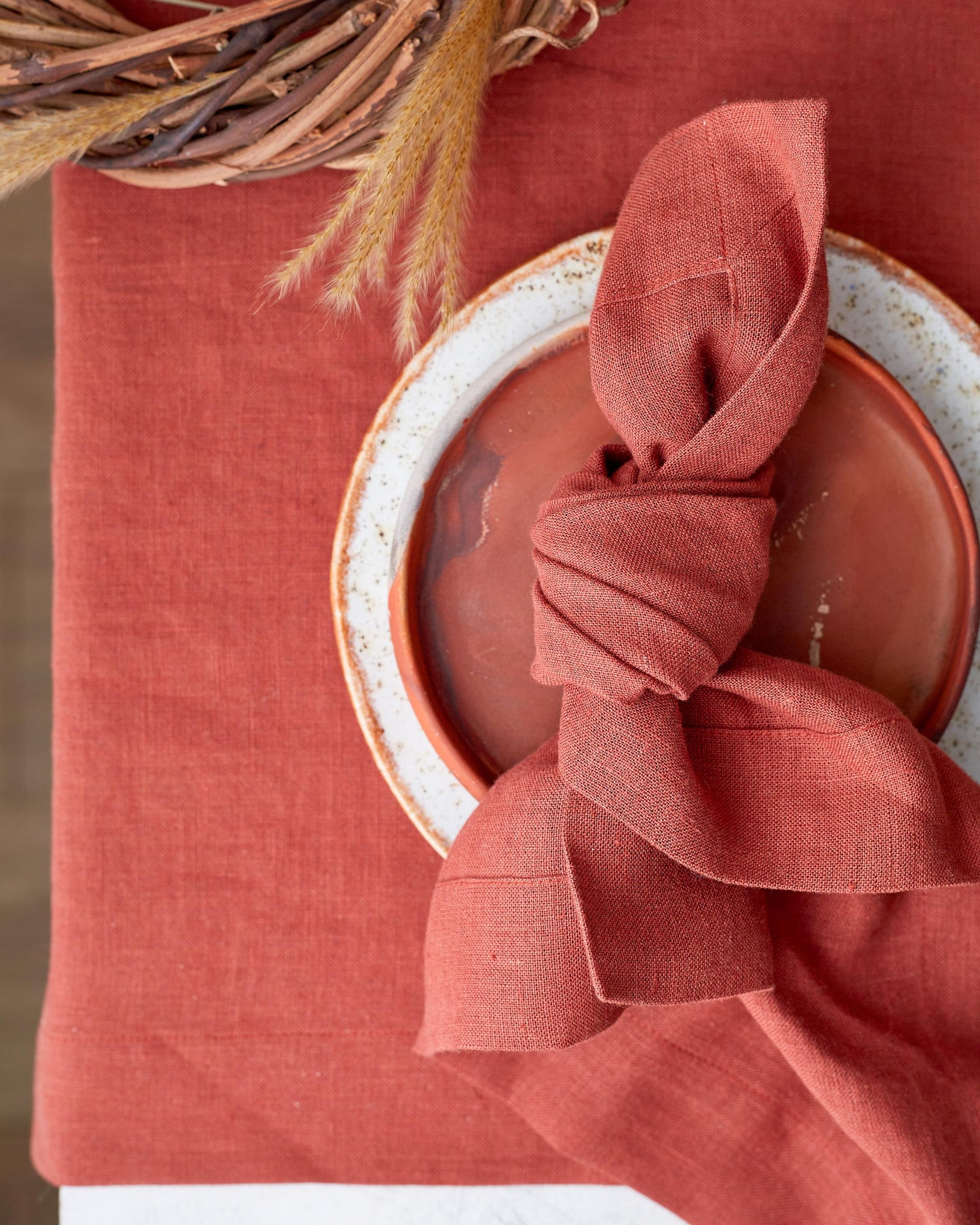 Moder classic table runner and linen napkins for fine dining at home, linen napkin folded on the plate