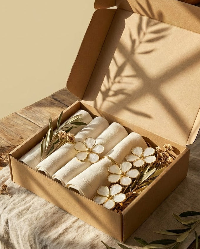 Open brown gift box with rolled items and bread on a wooden table