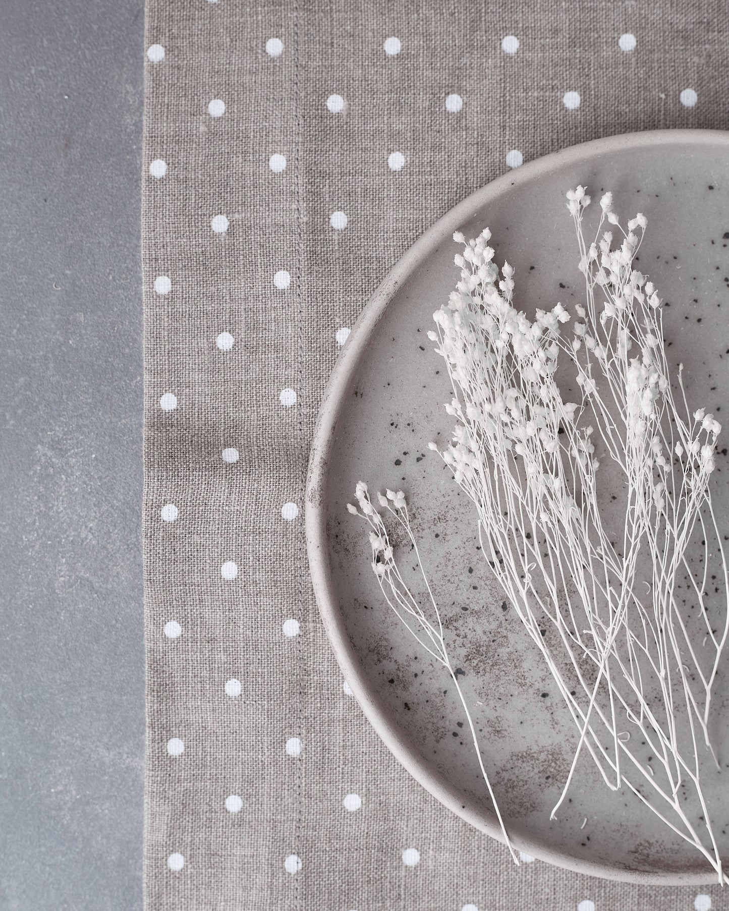 Natural table runner 100% European linen with polka dot pattern