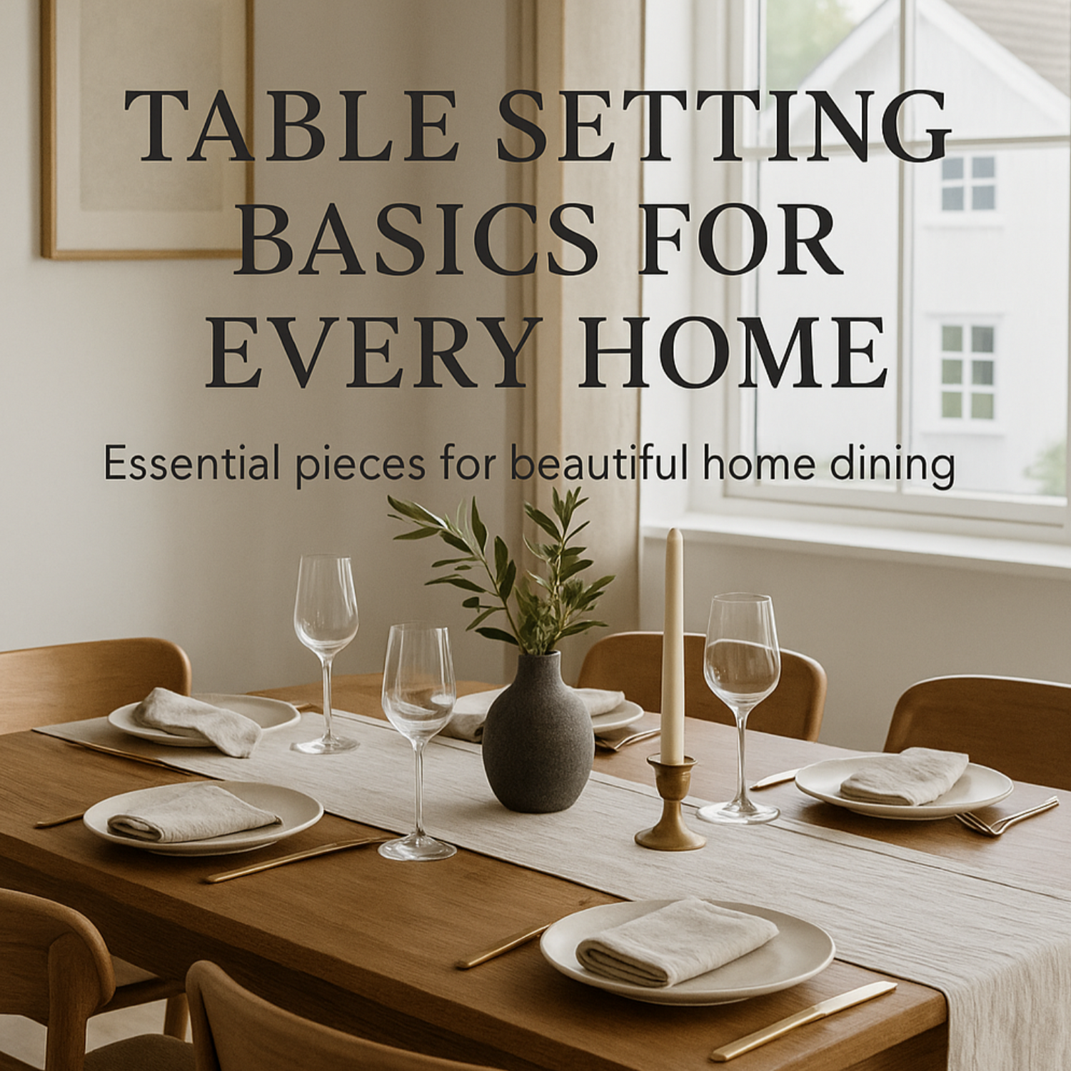 Dining table set with plates, glasses, and a vase in a home setting. Guide by Iryna Kolosvetova