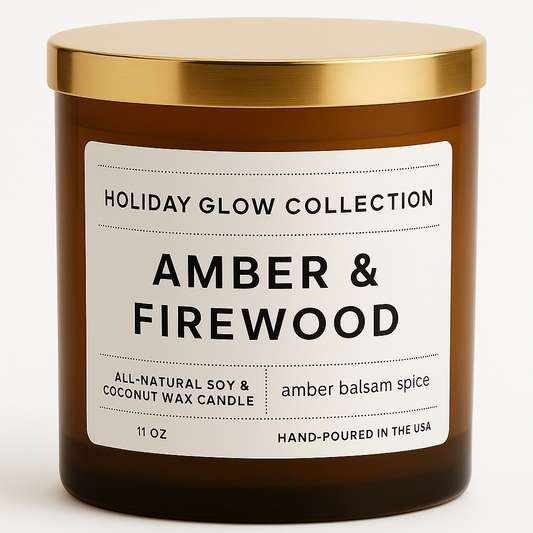 Amber & Firewood Candle – Soy Coconut Wax, Amber Jar, Cozy Fireplace Scent