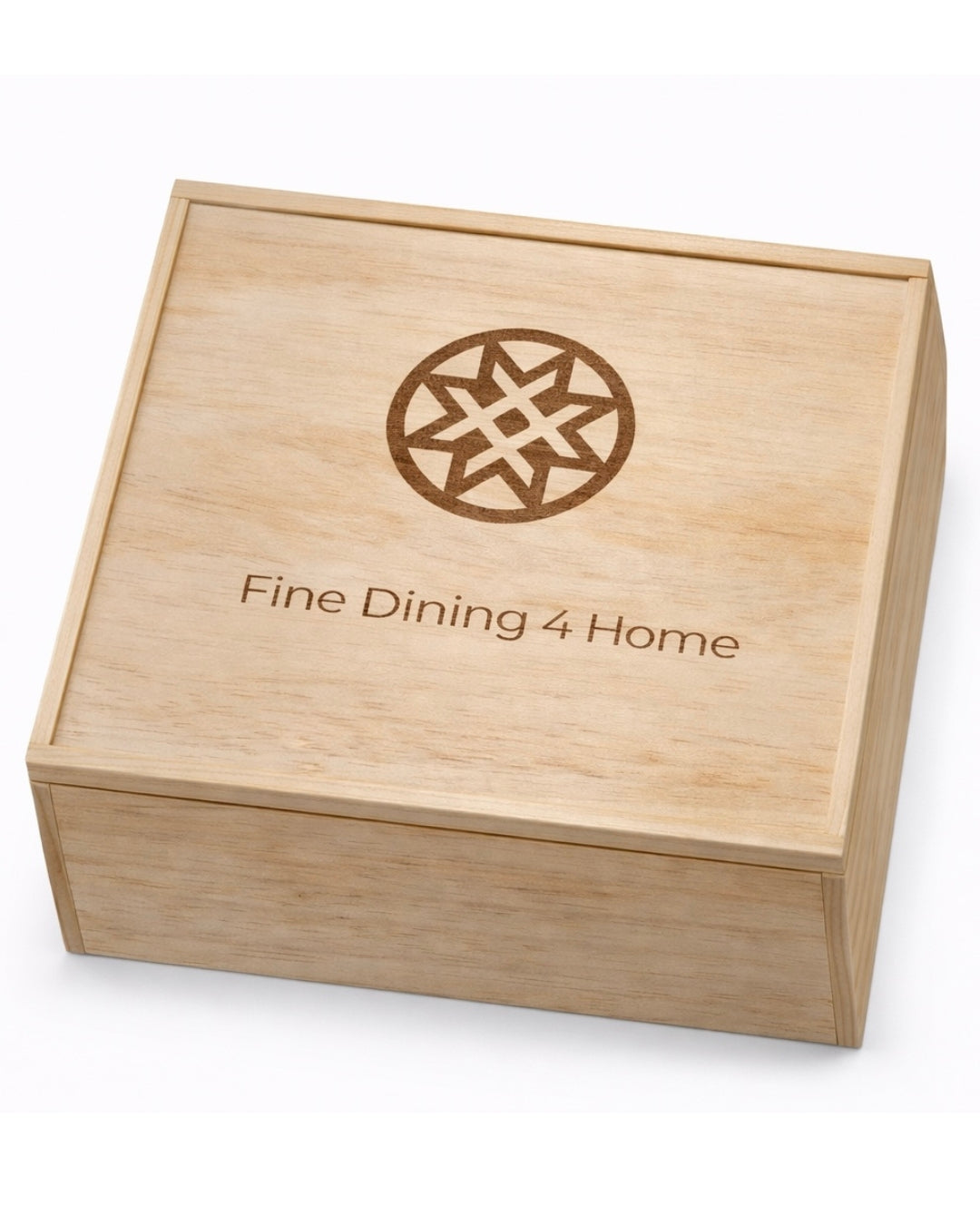 Wooden box with 'Fine Dining 4 Home' logo on a white background