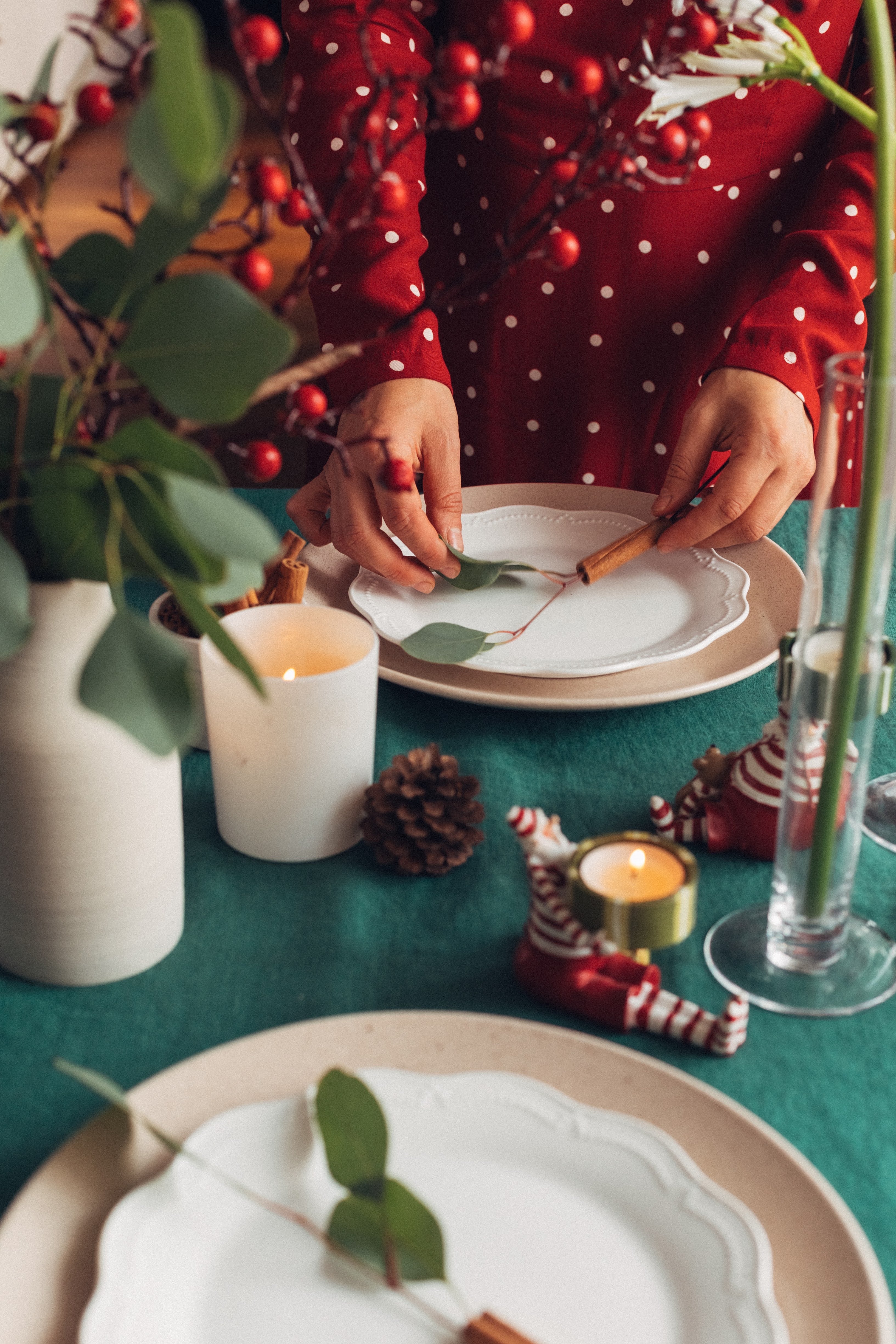 Green and red Christmas table setup by Fine Dining 4 Home