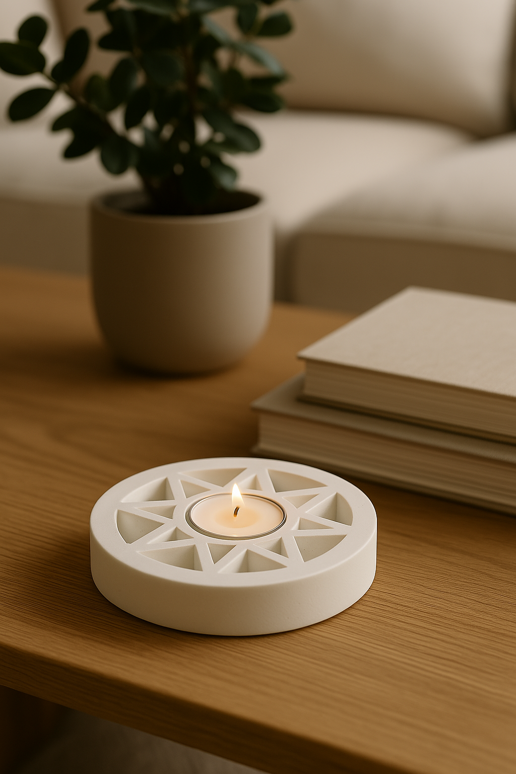 White decorative candle holder with a lit candle on a wooden table, next to a potted plant and books.