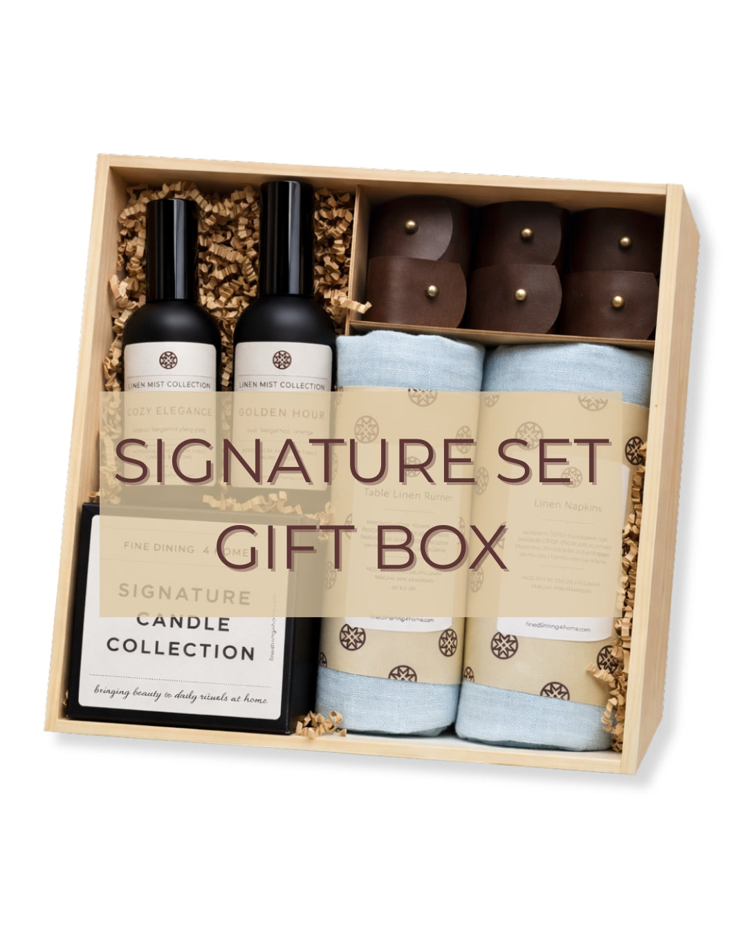 Signature set gift box with premium table linens, candle, napkin rings, and linen mist