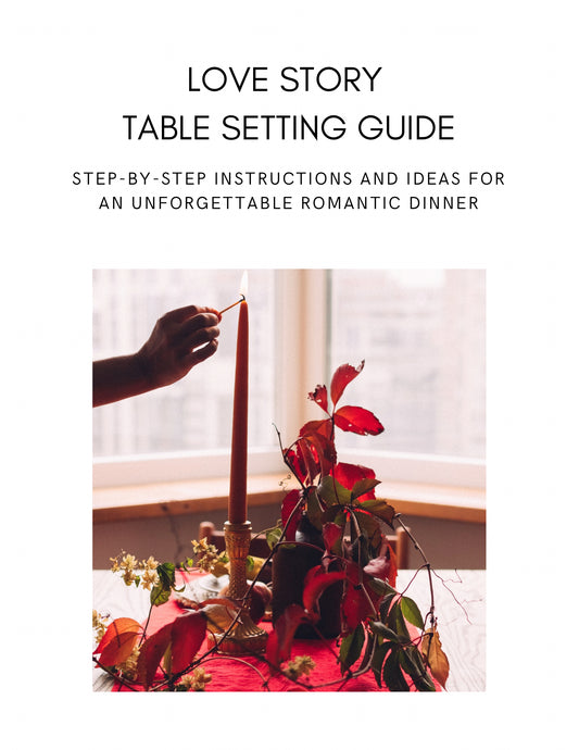 Table setting guide with a romantic dinner setup and text on a white background