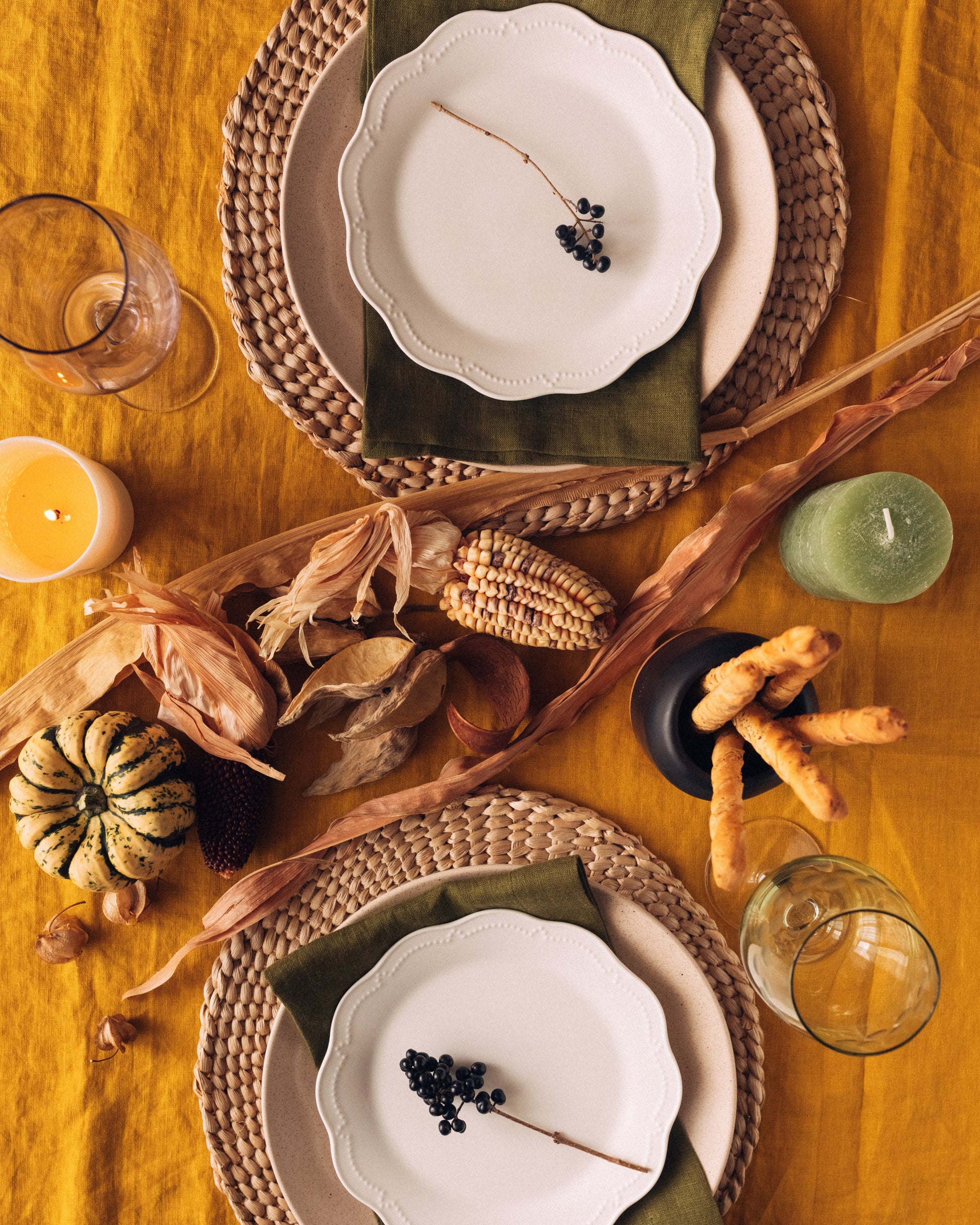 table setting for fall using honey linen runner and artichoke napkins