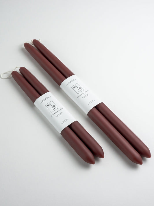 Set of burgundy fall candles with white labels