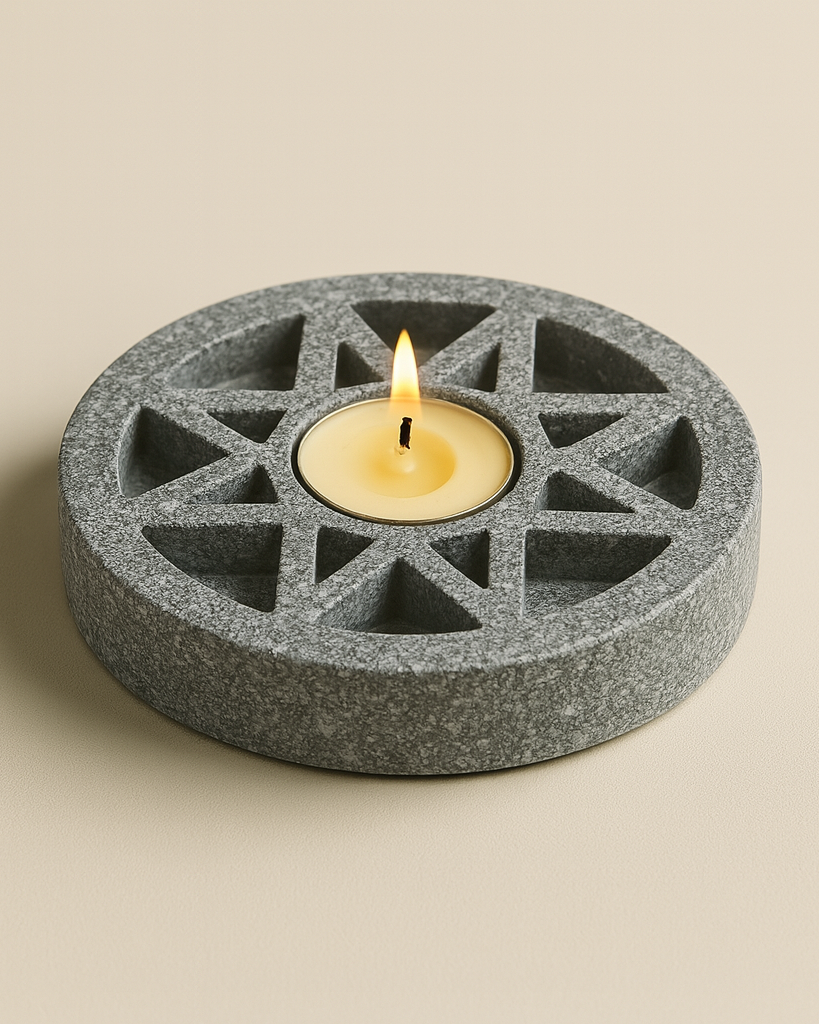 Jesmonite candle holder with a lit candle on a beige background