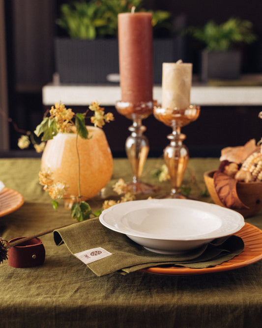 Contemporary table setting with linen table runner and napkins in artichoke color, Fine Dining 4 Home high quality table linens for home